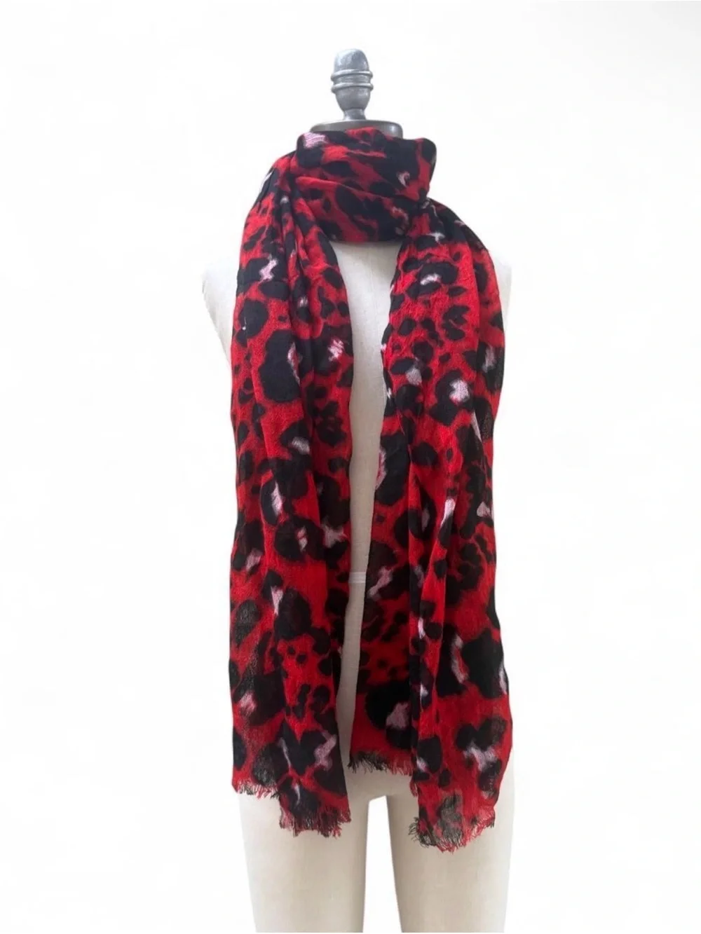 Red Leopard Print Women's Shawl Scarf - Bold Animal Pattern 100% wool XLONG